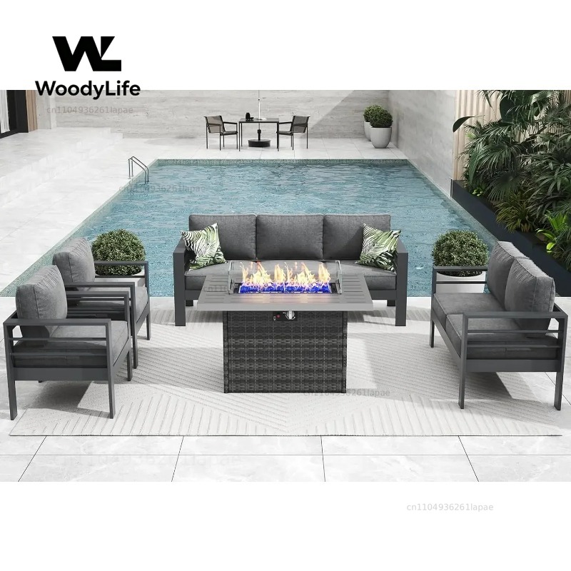 Outdoor Furniture Fire Pit Set - L5 Pieces Modern Aluminum Patio Furniture