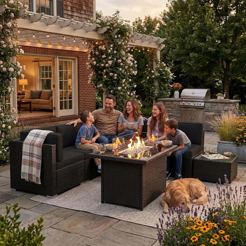 Outdoor Furniture Fire Pit Set - 8-Piece Patio Wicker Sectional Sofa Set