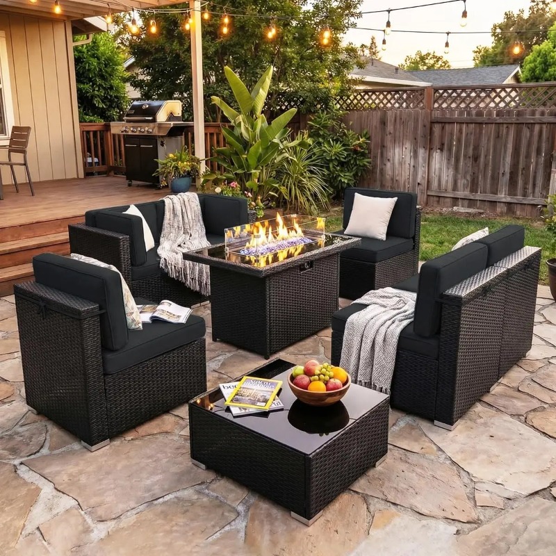 8-Piece Patio Wicker Sectional - Outdoor Furniture Fire Pit Set 评论和价格